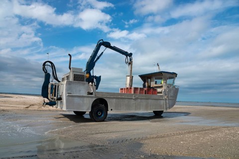 Amphibious vehicle in the Wadden Sea on the way to the mussel harvest