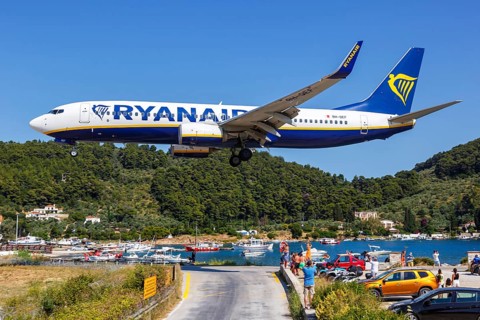 A Ryanair Boeing 737-800 aircraft with registration 9H-QEF at Skiathos Airport