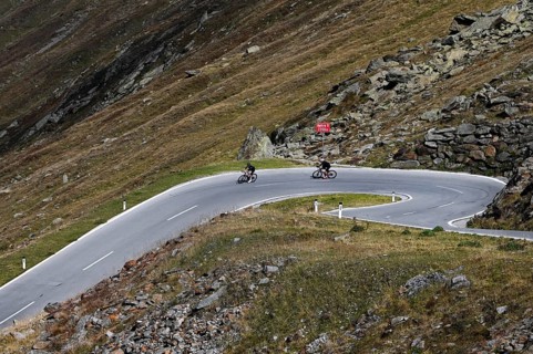 Racing cyclists on the Timmelsjoch High Alpine Road between Austria and Italy
