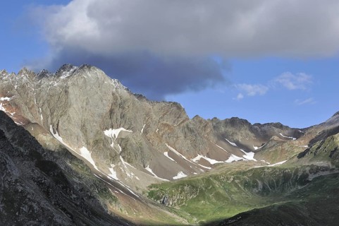 View over mountain summits along the mountain pass Passo di