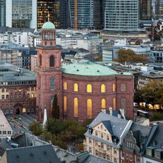 View of the historic city centre with St Paul's Church in front of the banking district