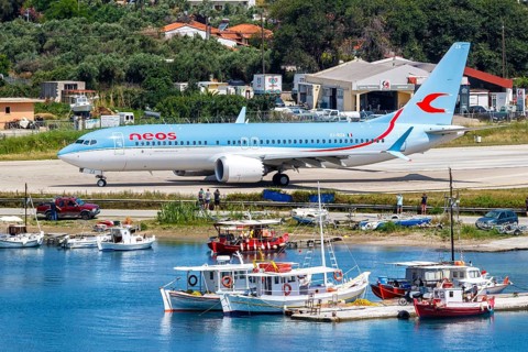 A Boeing 737 MAX 8 aircraft of Neos with the registration EI-RZA at Skiathos Airport
