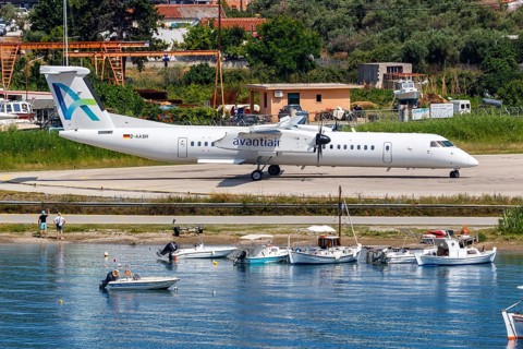A De Havilland Dash 8 Q400 aircraft of Avanti Air with the registration D-AASH at Skiathos Airport