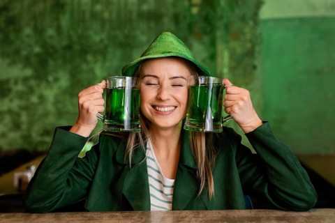 Front view smiley woman with hat celebrating st patrick s day bar