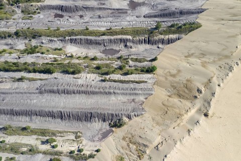 Aerial view over exploited and devastated landscape of the Nochten opencast pit