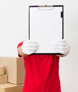 Delivery man showing clipboard