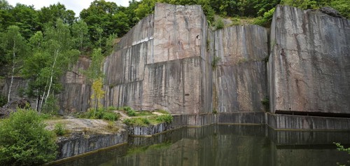 The abandoned red marble quarry Carriere de Beauchateau at Senzeilles in the Belgian Ardennes