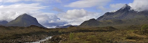 Marsco and Sgurr nan Gillean in the Cuillin Hills viewed from Sligachan on the Isle of Skye