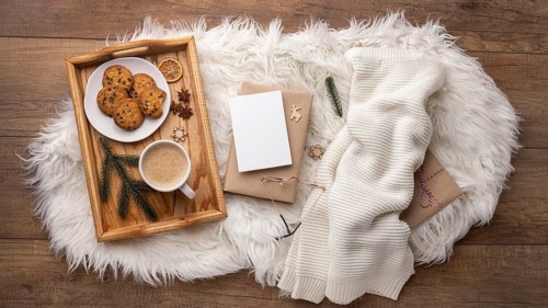 Top view tray with cookies coffee sweater