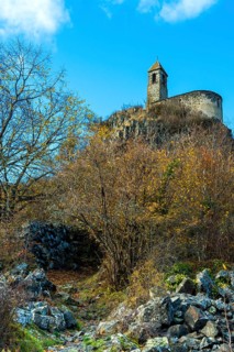 View from below of Brionnet chapel around Saurier village on volcanic peak