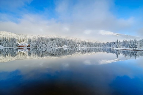 Reflection of snow-covered trees in the Prebersee