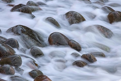 Close up of colourful cobbles covered by wave on shingle beach at rising tide