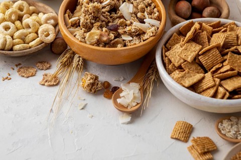 High angle bowls with assortment breakfast cereals