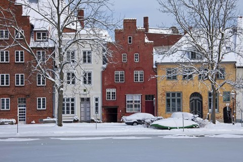 Stepped gables of historic colorful houses in the city of Luebeck