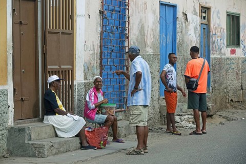 Creole people in the old colonial historic center of Mindelo on the island Sao Vicente