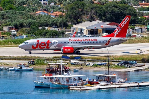 A Boeing 737-800 Jet2 aircraft with the registration G-DRTJ at Skiathos Airport
