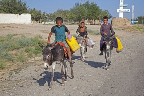 Three children riding donkeys with plastic containers to collect water