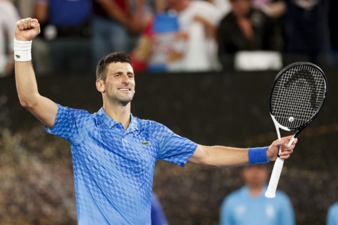 Novak Djokovic celebrates after winning