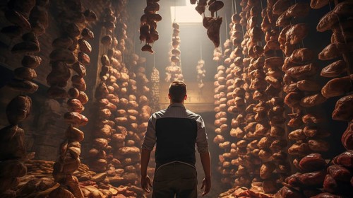 Young adult man standing amid A towering bountiful display of endless fresh breads
