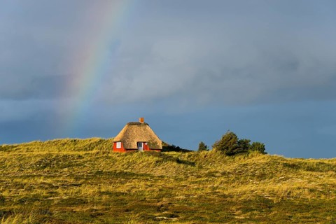 Rainbow and thatched house