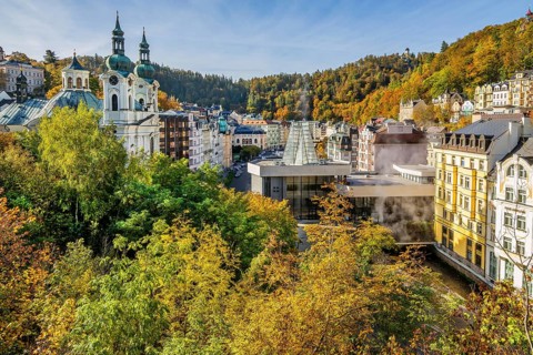 Church of St. Mary Magdalene and the Tepla Valley Spring Colonnade in autumn