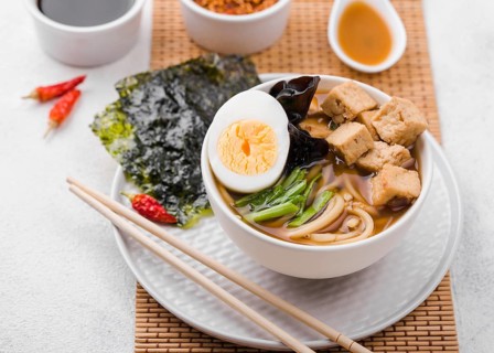 Asian ramen noodle soup with egg