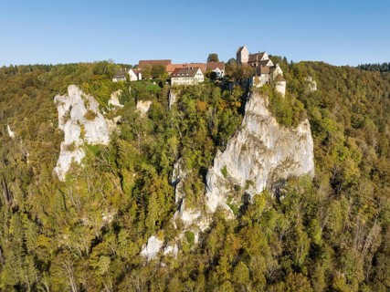 Aerial view of Werenwag Castle on a rocky spur in the upper Danube valley