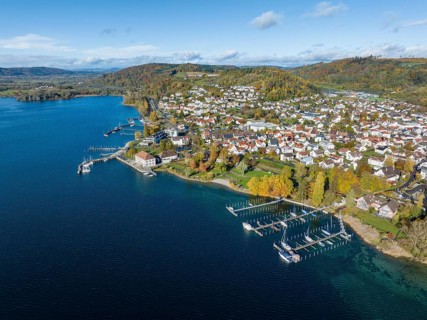 Aerial view of Lake Constance with the municipality of Bodman-Ludwigshafen with the marina and old customs house
