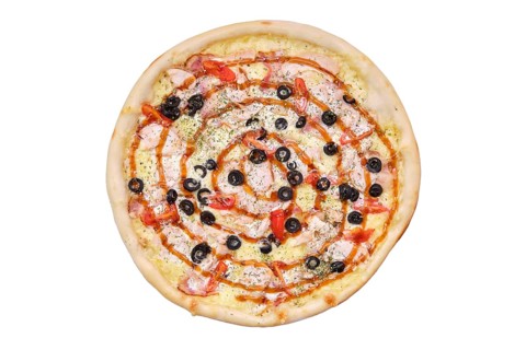Top view of pizza with chicken meat