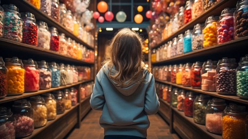 Back view of a small child walking amidst a bountiful display of glass candy jars at a market filled with endless varieties of colorful confections and an abundant selection of sweet treats. generativ...