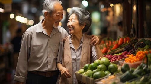 Happy senior adult chinese couple enjoying the farmers market with bountiful produce. generative AI