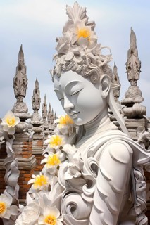 Cambodian white female deity surrounded by a row of stupas