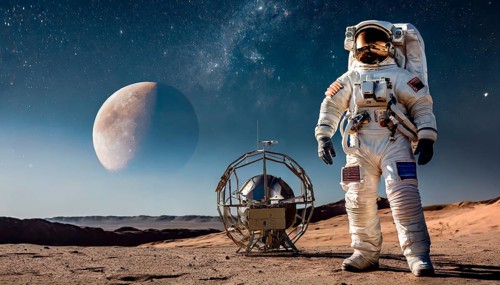 An astronaut in a spacesuit on the moon in front of the starry sky