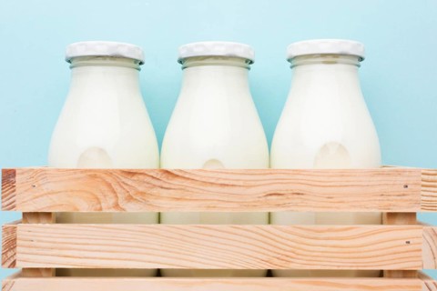 Close up fresh bottles milk ready be served