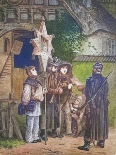 Gendarme checks the three kings to see if they have permission to parade through the streets in disguise