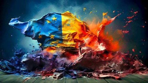 A flag in bright colours as a symbol of the disintegration of the European Union