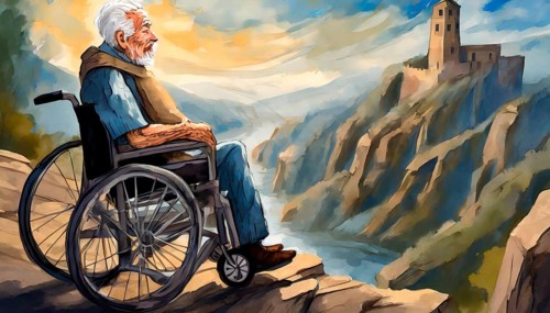 An old man sits in a wheelchair on a precipice