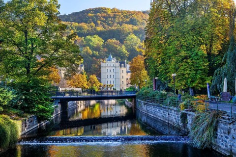 Historic Hotel Pavlov on the banks of the Tepla in autumn