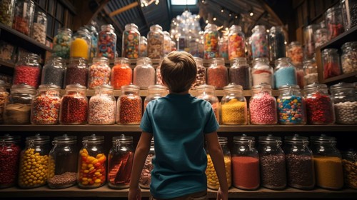 Back view of a small child walking amidst a bountiful display of glass candy jars at a market filled with endless varieties of colorful confections and an abundant selection of sweet treats. generativ...