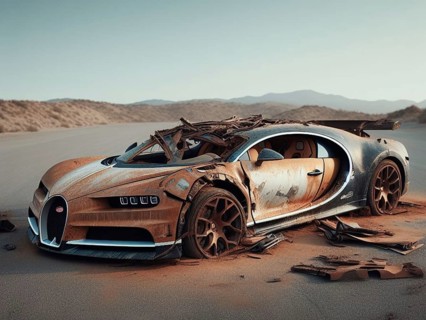 Crashed abandoned rusty expensive atmospheric car as circulation banned for co2 emission 2030 agenda dystopian concept ai generated