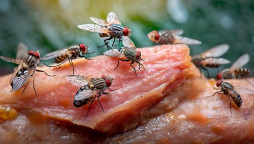 Flies sit on a piece of meat