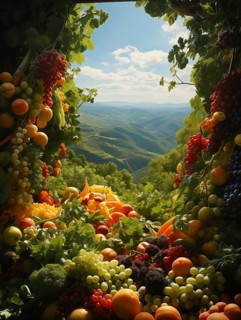 Colorful display of bountiful agricultural vegetables and abundant organic fresh fruits overlooking a beautiful vast valley below. generative AI