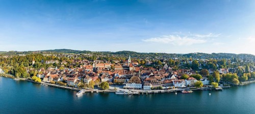 Aerial panorama of Ueberlingen on Lake Constance with the historic old town and the lakeside promenade Lake Constance district