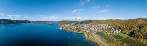 Aerial panorama of Lake Constance with the municipality of Bodman-Ludwigshafen with the lido