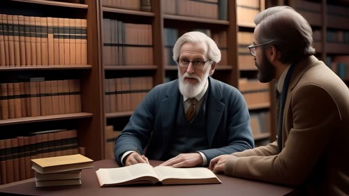 Old professor chatting with younger colleague in library