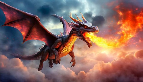 A fire-breathing dragon flies in the sky