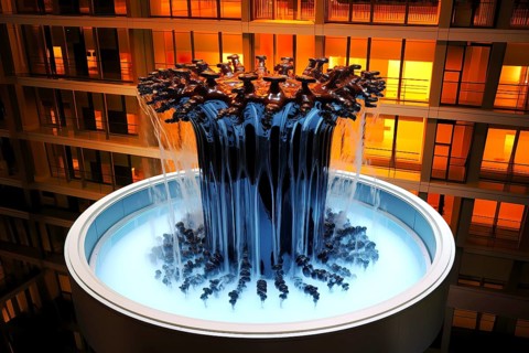 Blue iron fountain in Harry Potter style in a surreal lobby