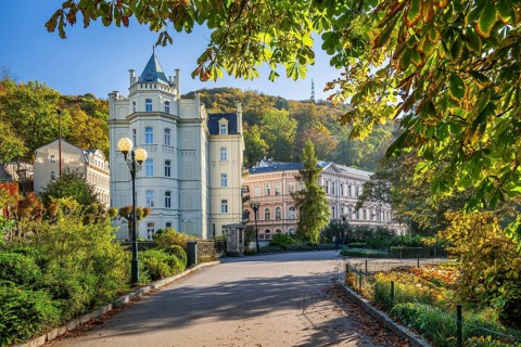 Historic Hotel Pavlov on the banks of the Tepla in autumn