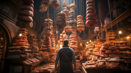Young adult man standing amid A towering bountiful display of endless fresh breads
