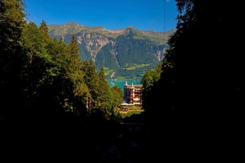 The Historical Grandhotel Giessbach on the Mountain Side with Lake Brienz in Bernese Oberland